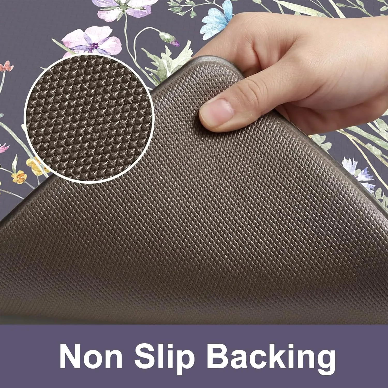 KIMODE Anti Fatigue Floor Mat, Cushioned Farmhouse Runner Rug, Non Slip, Memory Foam for Kitchen, Laundry, Office, Sink Dark Gray/Purple 17.3"x59"
