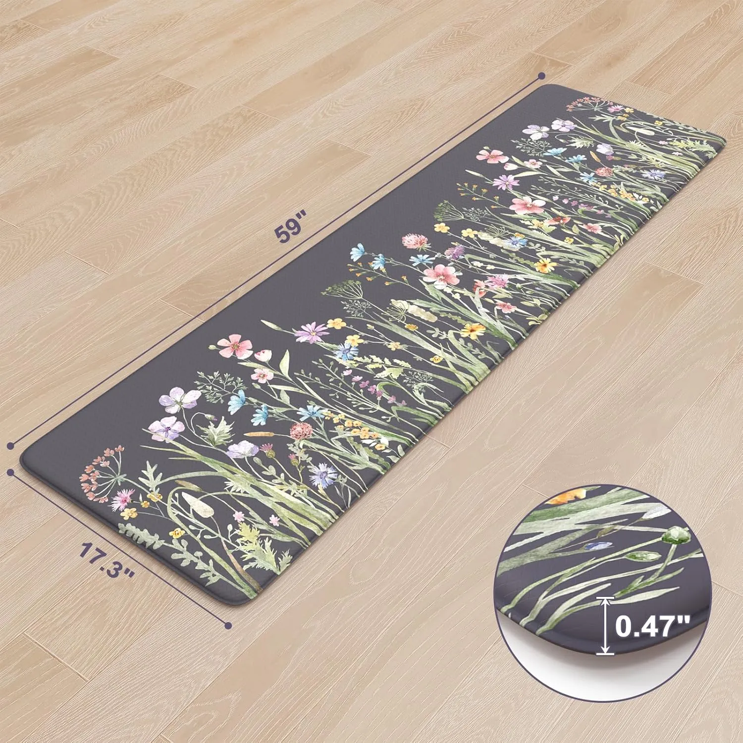 KIMODE Anti Fatigue Floor Mat, Cushioned Farmhouse Runner Rug, Non Slip, Memory Foam for Kitchen, Laundry, Office, Sink Dark Gray/Purple 17.3"x59"