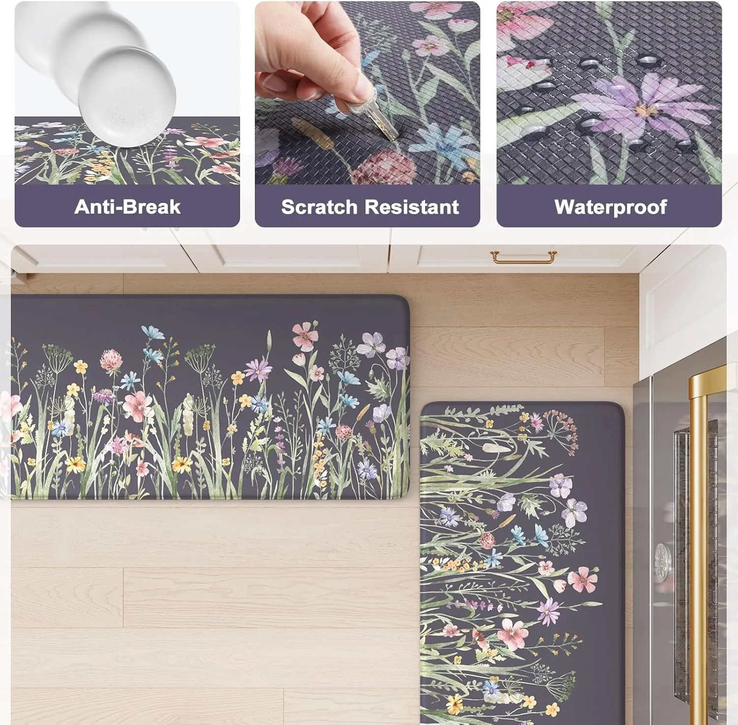 KIMODE Anti Fatigue Floor Mat, Cushioned Farmhouse Runner Rug, Non Slip, Memory Foam for Kitchen, Laundry, Office, Sink Dark Gray/Purple 17.3"x59"
