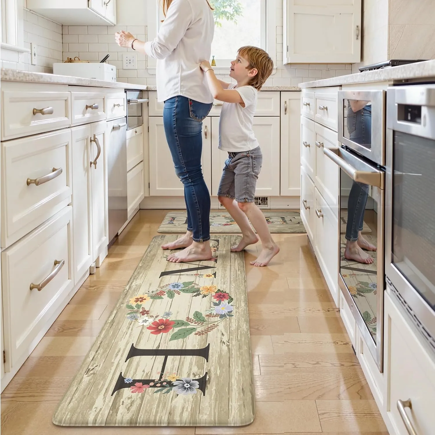 KIMODE Anti Fatigue Kitchen Mats for Floor 2 Piece,Farmhouse Floral Rugs Cushioned,Comfort Memory Foam Carpet Non Slip for Sink Laundry Office Bathroom,Beige 17"x47" 17"x29"