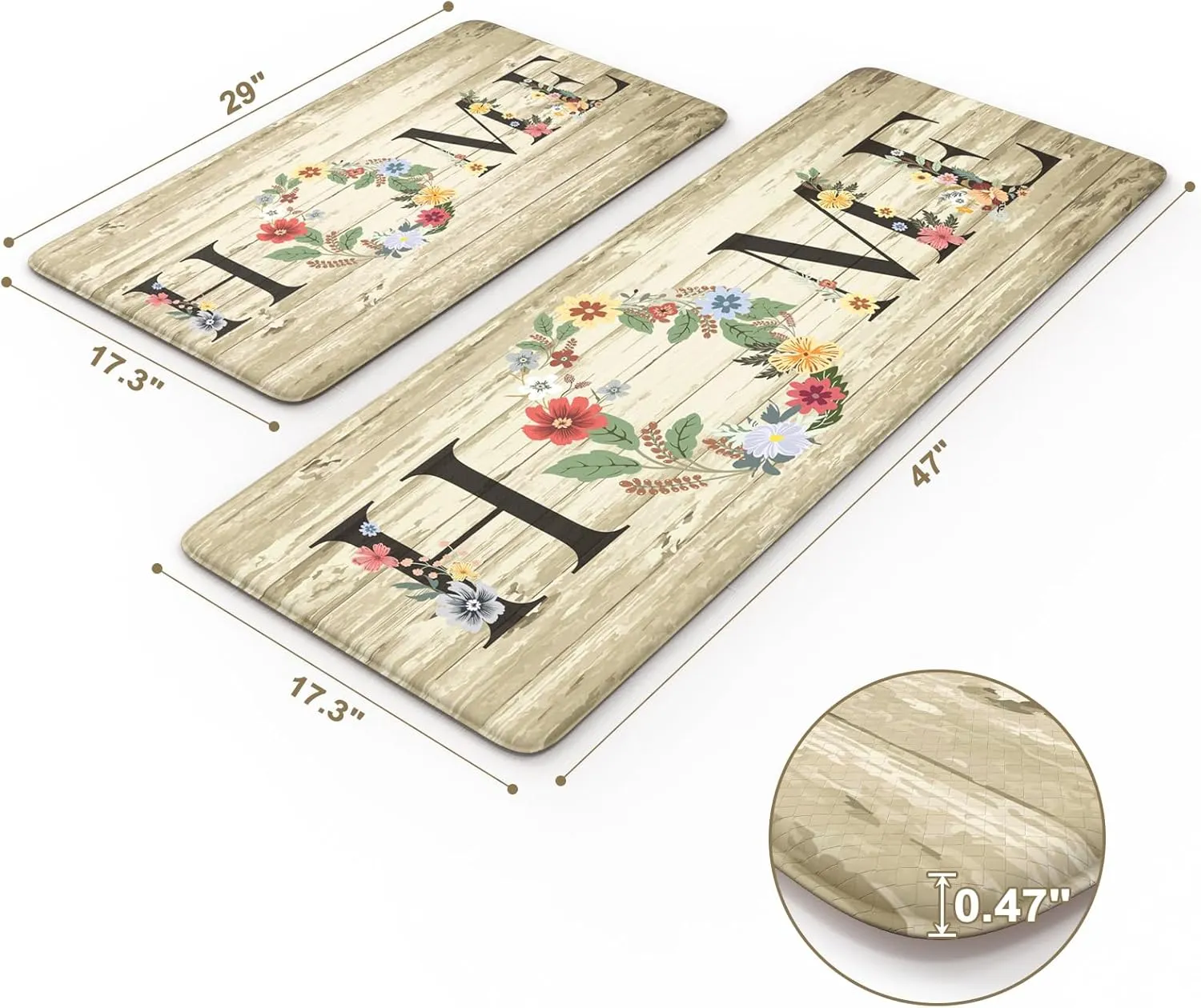 KIMODE Anti Fatigue Kitchen Mats for Floor 2 Piece,Farmhouse Floral Rugs Cushioned,Comfort Memory Foam Carpet Non Slip for Sink Laundry Office Bathroom,Beige 17"x47" 17"x29"