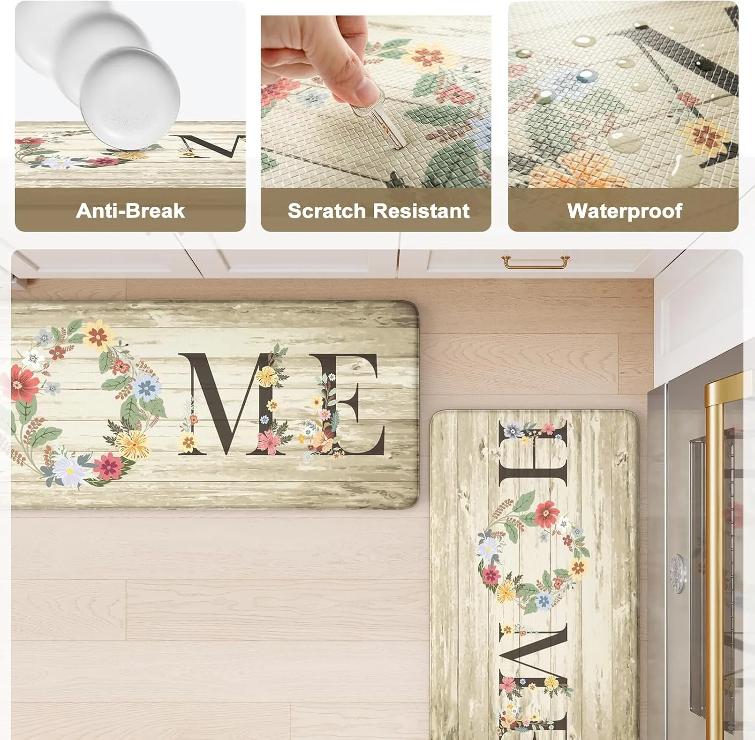 KIMODE Anti Fatigue Kitchen Mats for Floor 2 Piece,Farmhouse Floral Rugs Cushioned,Comfort Memory Foam Carpet Non Slip for Sink Laundry Office Bathroom,Beige 17"x47" 17"x29"