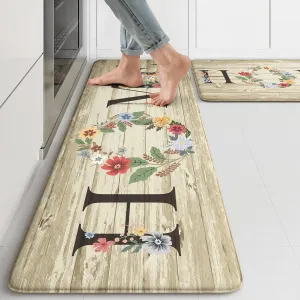 KIMODE Anti Fatigue Kitchen Mats for Floor 2 Piece,Farmhouse Floral Rugs Cushioned,Comfort Memory Foam Carpet Non Slip for Sink Laundry Office Bathroom,Beige 17"x47" 17"x29"