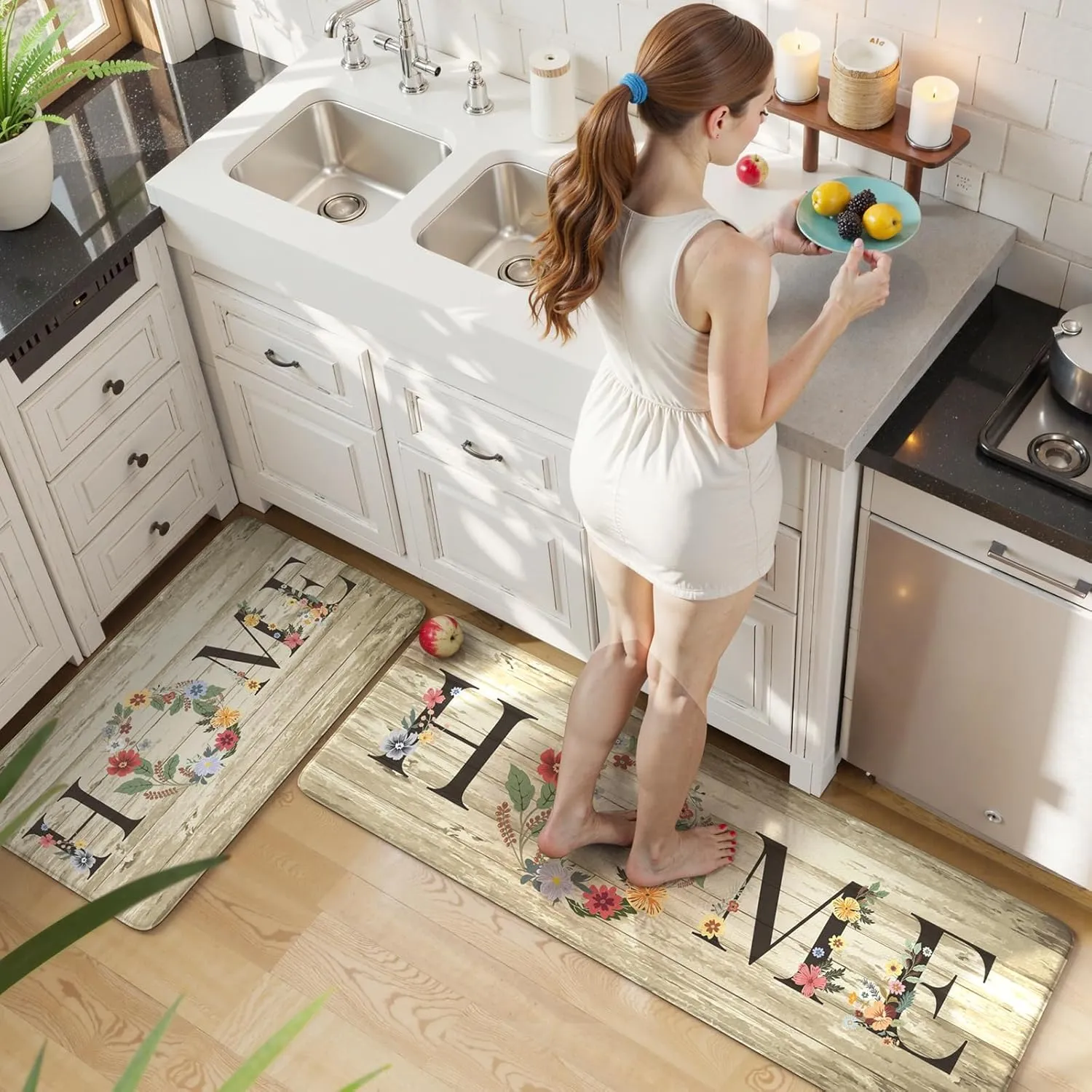 KIMODE Anti Fatigue Kitchen Mats for Floor 2 Piece,Farmhouse Floral Rugs Cushioned,Comfort Memory Foam Carpet Non Slip for Sink Laundry Office Bathroom,Beige 17"x47" 17"x29"