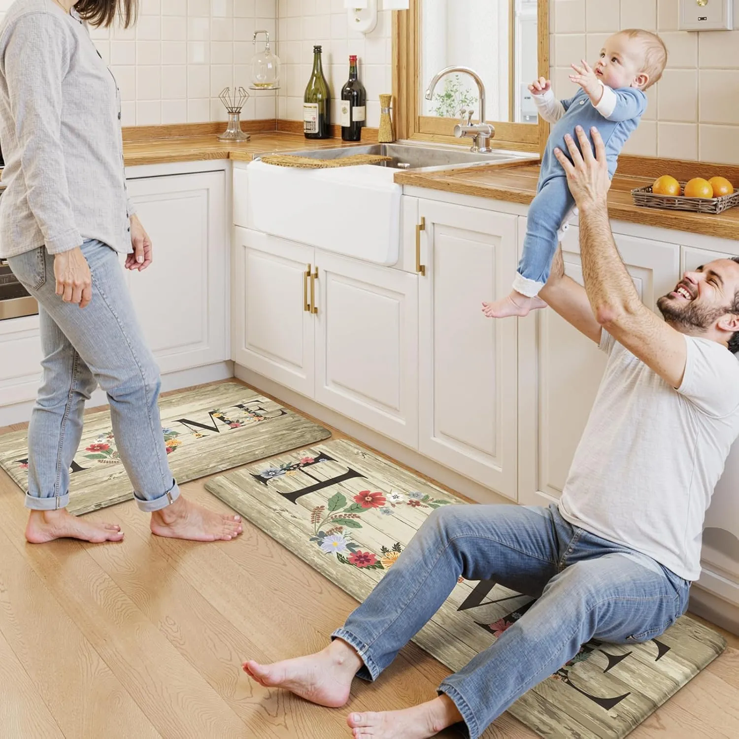 KIMODE Anti Fatigue Kitchen Mats for Floor 2 Piece,Farmhouse Floral Rugs Cushioned,Comfort Memory Foam Carpet Non Slip for Sink Laundry Office Bathroom,Beige 17"x47" 17"x29"