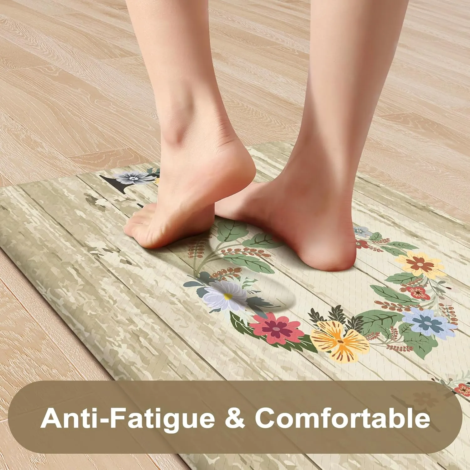 KIMODE Anti Fatigue Kitchen Mats for Floor 2 Piece,Farmhouse Floral Rugs Cushioned,Comfort Memory Foam Carpet Non Slip for Sink Laundry Office Bathroom,Beige 17"x47" 17"x29"