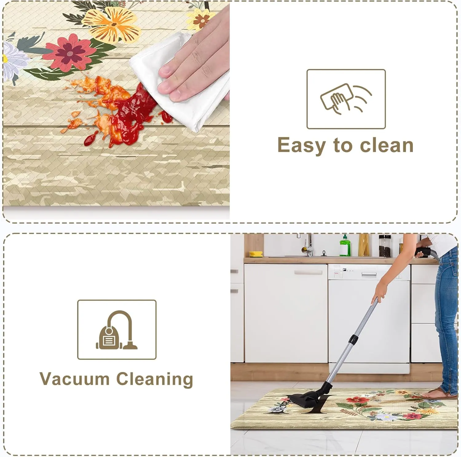 KIMODE Anti Fatigue Kitchen Mats for Floor 2 Piece,Farmhouse Floral Rugs Cushioned,Comfort Memory Foam Carpet Non Slip for Sink Laundry Office Bathroom,Beige 17"x47" 17"x29"