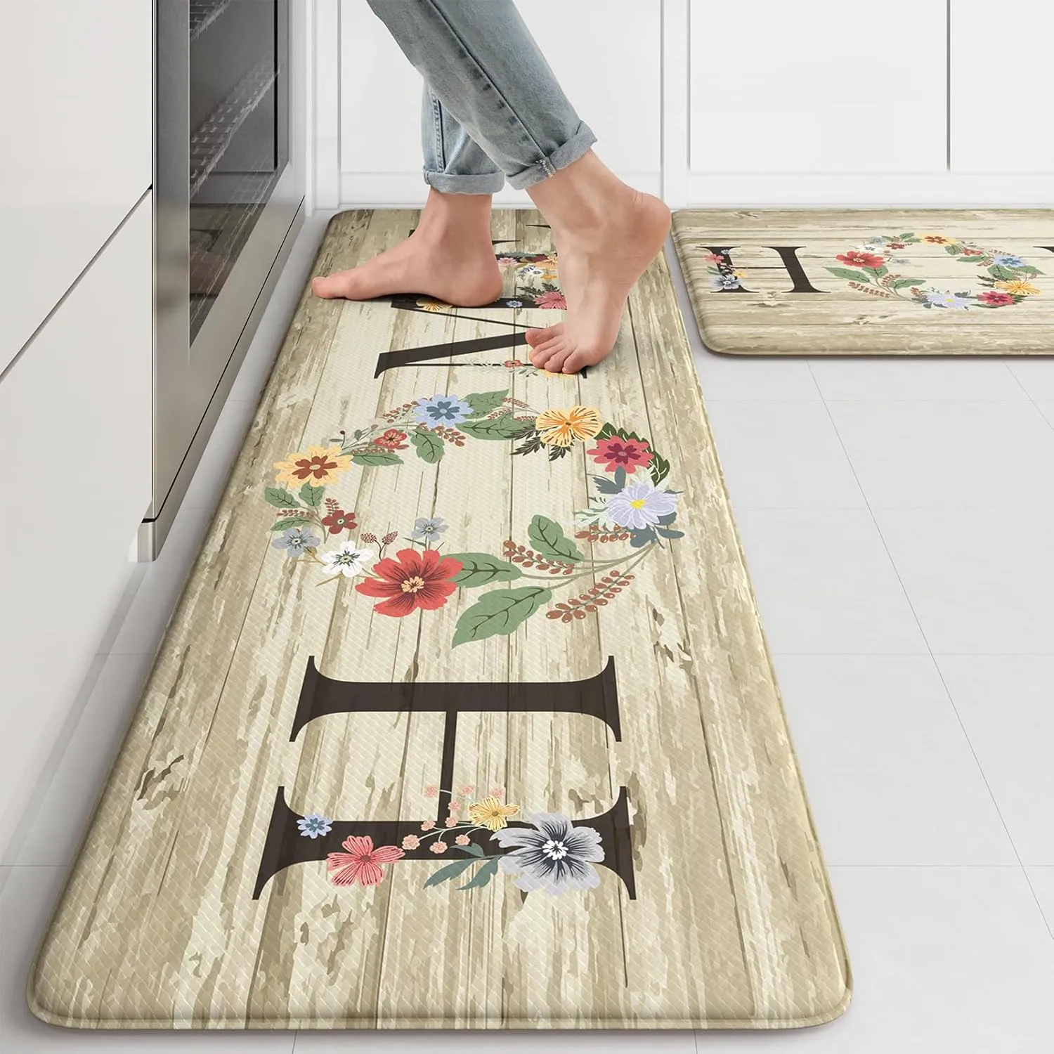 KIMODE Anti Fatigue Kitchen Mats for Floor 2 Piece,Farmhouse Floral Rugs Cushioned,Comfort Memory Foam Carpet Non Slip for Sink Laundry Office Bathroom,Beige 17"x47" 17"x29"
