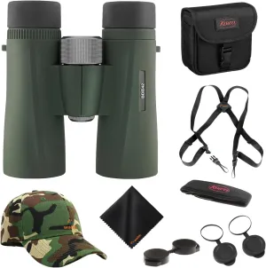Kowa BD II XD 10x42mm PROMINAR Roof Prism Binoculars for Bird Watching, Hiking with Waith Adjustable Baseball Hat (Camo),Waith Binocular Harness Strap and Waith Microfiber Cleaning Cloth (Bundle Kit)