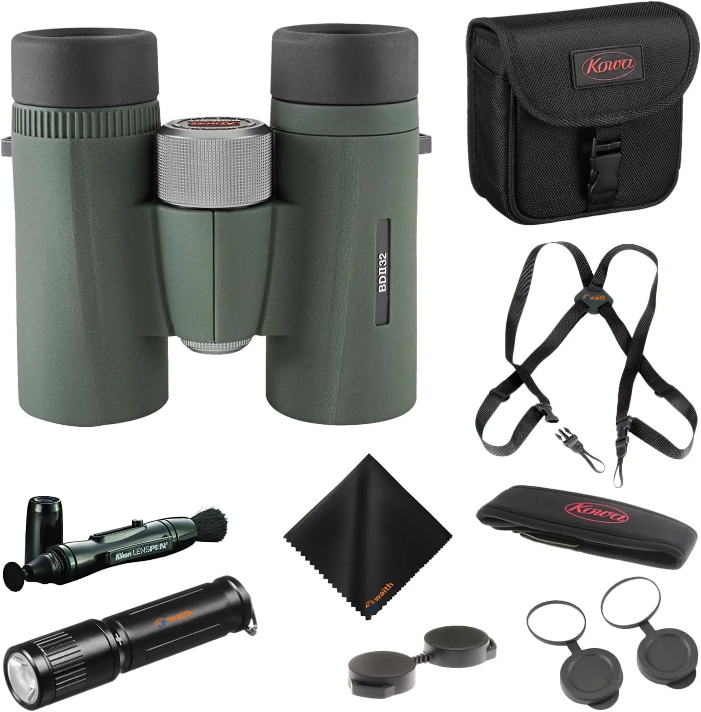 Kowa BD II XD 6.5x32mm PROMINAR Roof Prism Binocular with Waith Harness Webbing Strap, Waith Compact Keychain Flashlight, Lens Pen Cleaning System and Waith Cleaning Cloth (Essential Bundle)