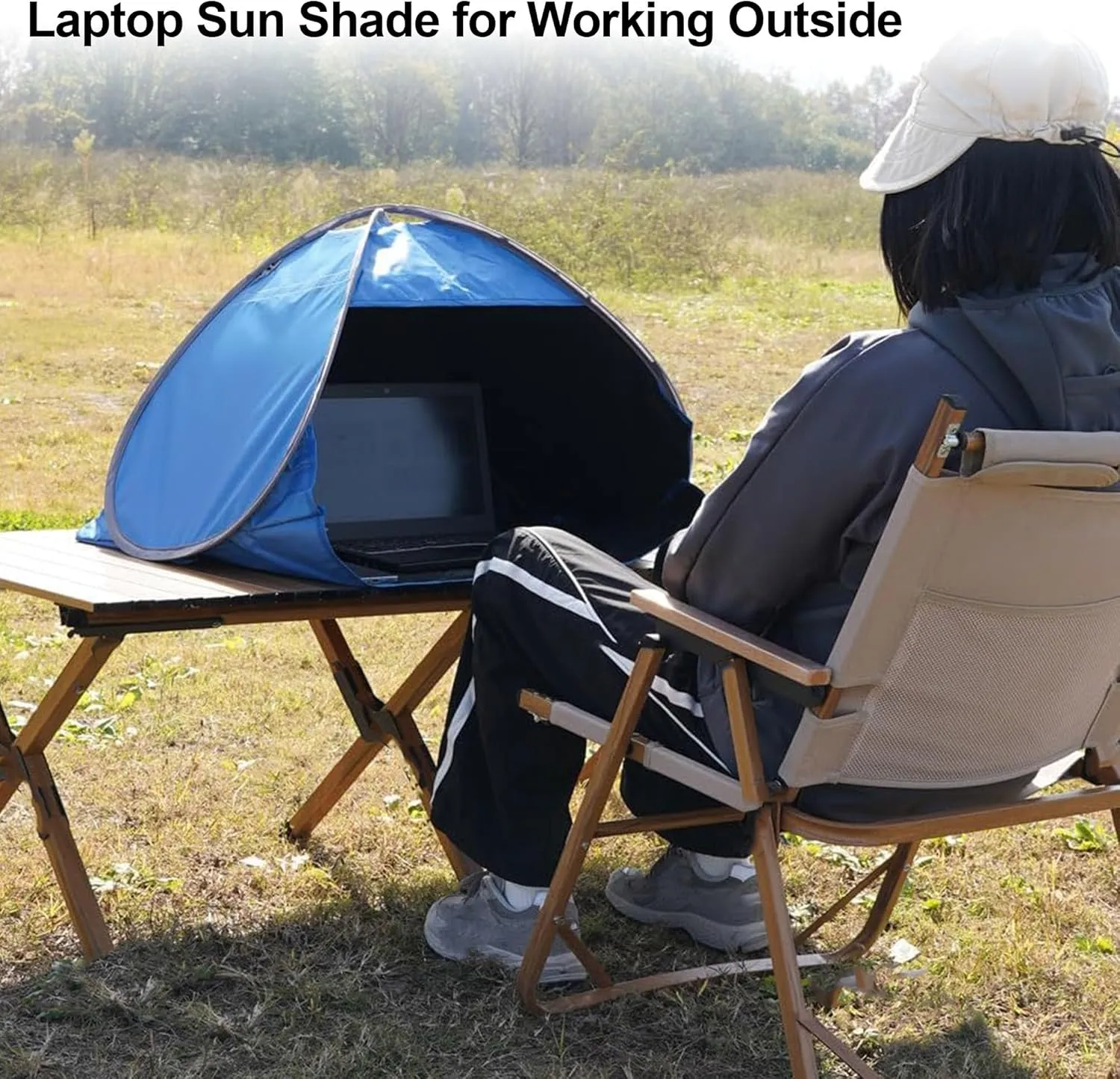 Laptop Sun Shade for Working Outside, Automatic Shades Laptop Tent, Pop up Sun Shade, Head Tent for Beach, Sun Shelter for Anti-UV Small Pets & Outdoor Camping Picnic Beach (Blue, L)