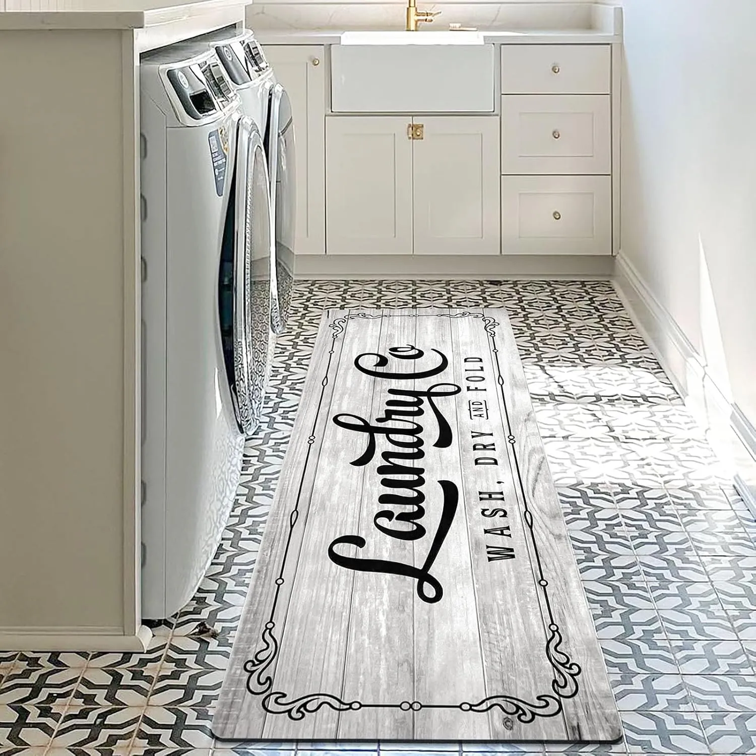 Laundry Rug Runner 24"x60", Non Slip Waterproof Washable Rubber Mat for Laundry Room, Mudroom, Kitchen, Bathroom, 2x5, Light Grey