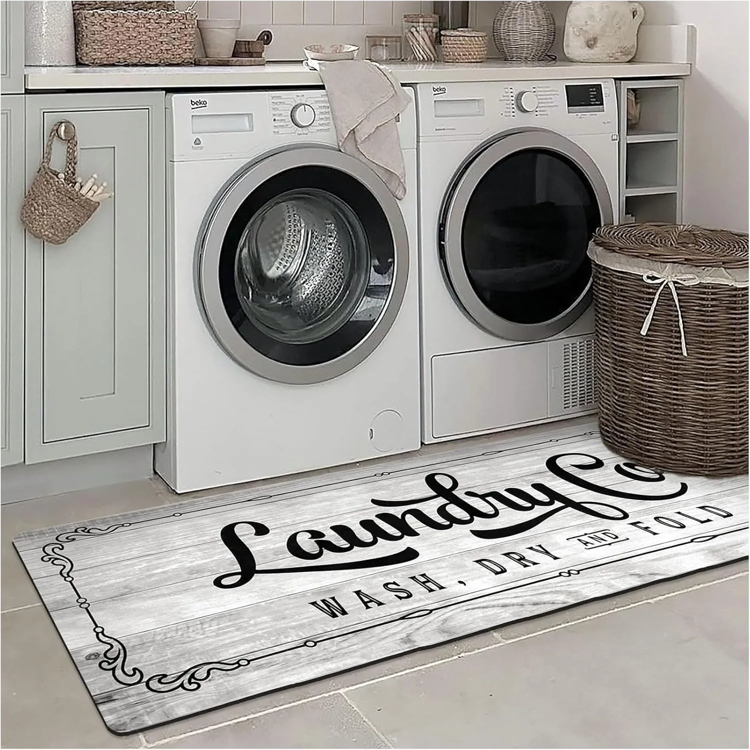 Laundry Rug Runner 24"x60", Non Slip Waterproof Washable Rubber Mat for Laundry Room, Mudroom, Kitchen, Bathroom, 2x5, Light Grey
