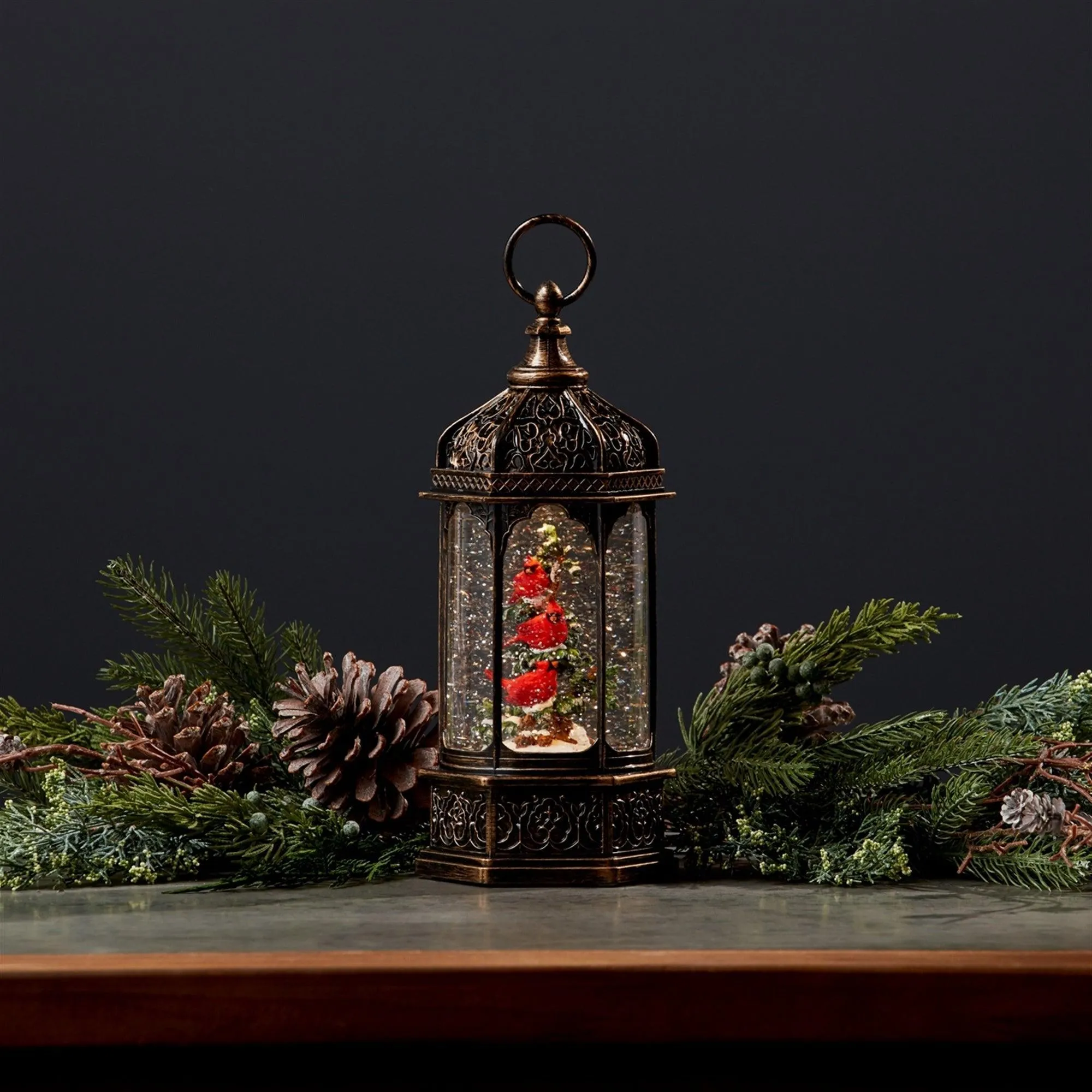 LED Snow Globe Lantern with Cardinal Bird Branch 13"H