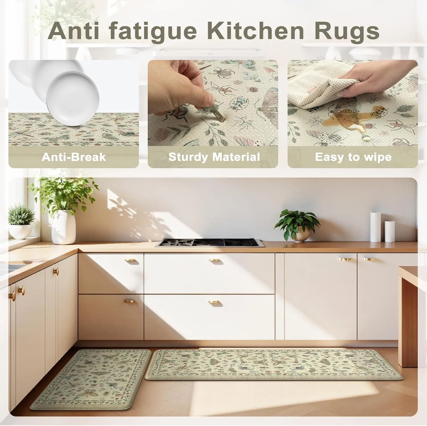 LEEVAN Anti Fatigue Mats for Kitchen Floor Non-Slip, Cushioned Kitchen Mats for Floor 17.3''x29'' 17.3''x59'', Tan Memory Foam Kitchen Mat Set