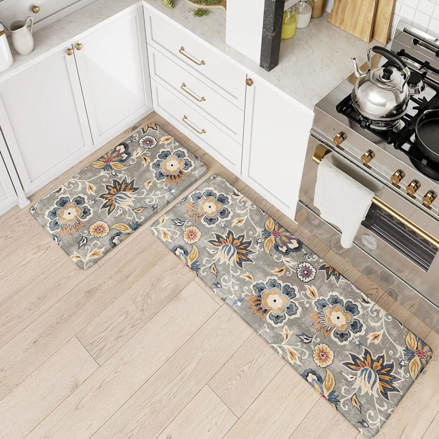 LEEVAN Kitchen Mats for Floor Non-Slip, Cushioned Anti Fatigue Mat 2 Piece, Blue Memory Foam Kitchen Mat Waterproof, Ergonomic Standing Mat for Bar, Office,Desk, Laundry, Grey