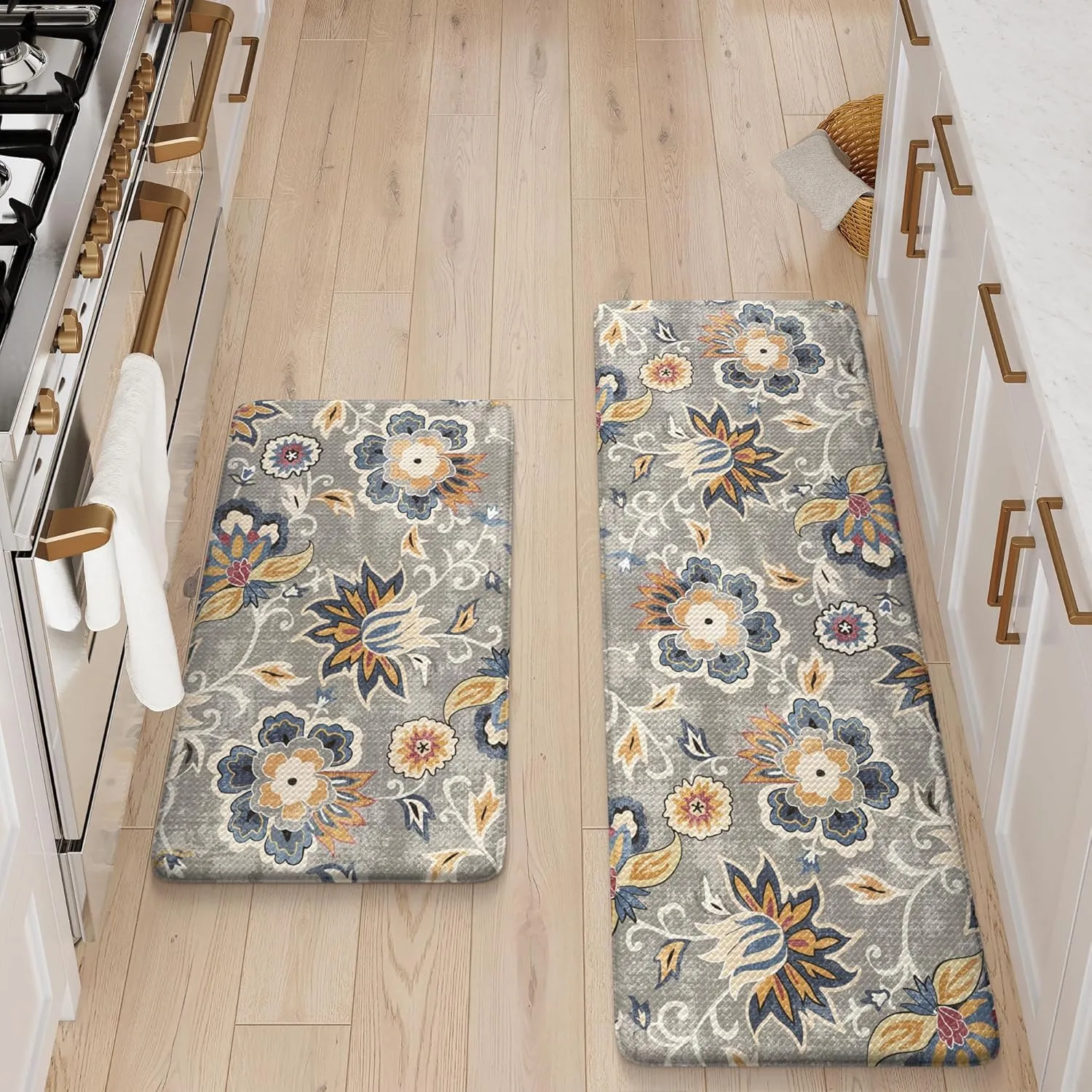 LEEVAN Kitchen Mats for Floor Non-Slip, Cushioned Anti Fatigue Mat 2 Piece, Blue Memory Foam Kitchen Mat Waterproof, Ergonomic Standing Mat for Bar, Office,Desk, Laundry, Grey