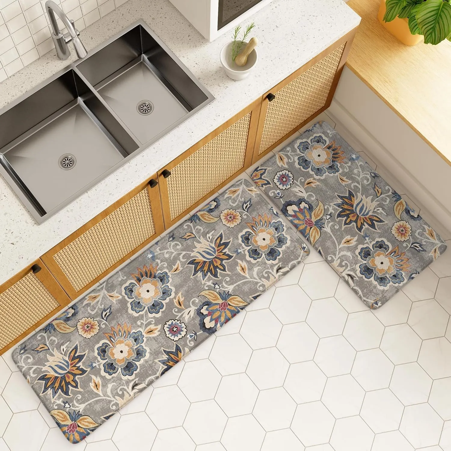 LEEVAN Kitchen Mats for Floor Non-Slip, Cushioned Anti Fatigue Mat 2 Piece, Blue Memory Foam Kitchen Mat Waterproof, Ergonomic Standing Mat for Bar, Office,Desk, Laundry, Grey