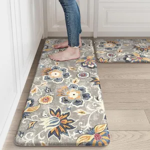 LEEVAN Kitchen Mats for Floor Non-Slip, Cushioned Anti Fatigue Mat 2 Piece, Blue Memory Foam Kitchen Mat Waterproof, Ergonomic Standing Mat for Bar, Office,Desk, Laundry, Grey