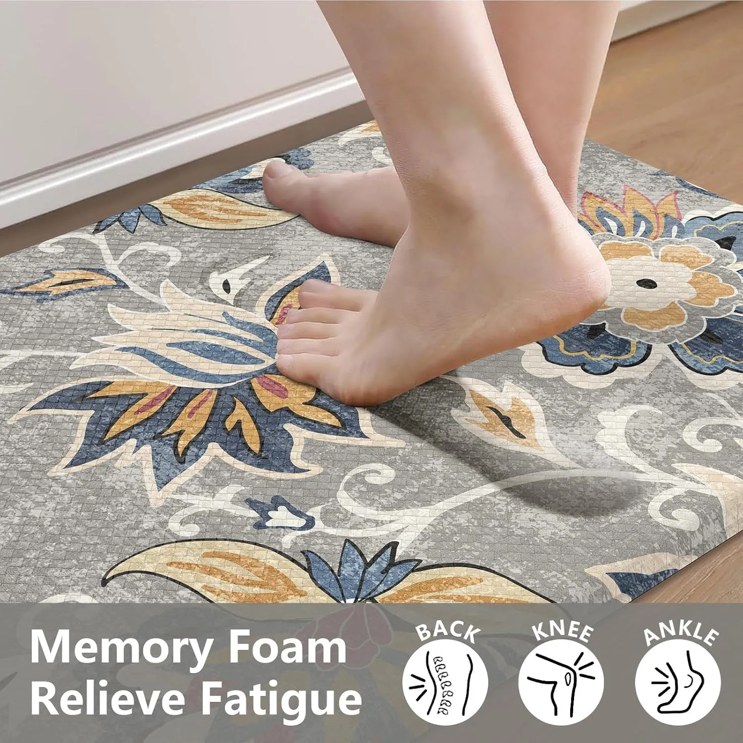 LEEVAN Kitchen Mats for Floor Non-Slip, Cushioned Anti Fatigue Mat 2 Piece, Blue Memory Foam Kitchen Mat Waterproof, Ergonomic Standing Mat for Bar, Office,Desk, Laundry, Grey