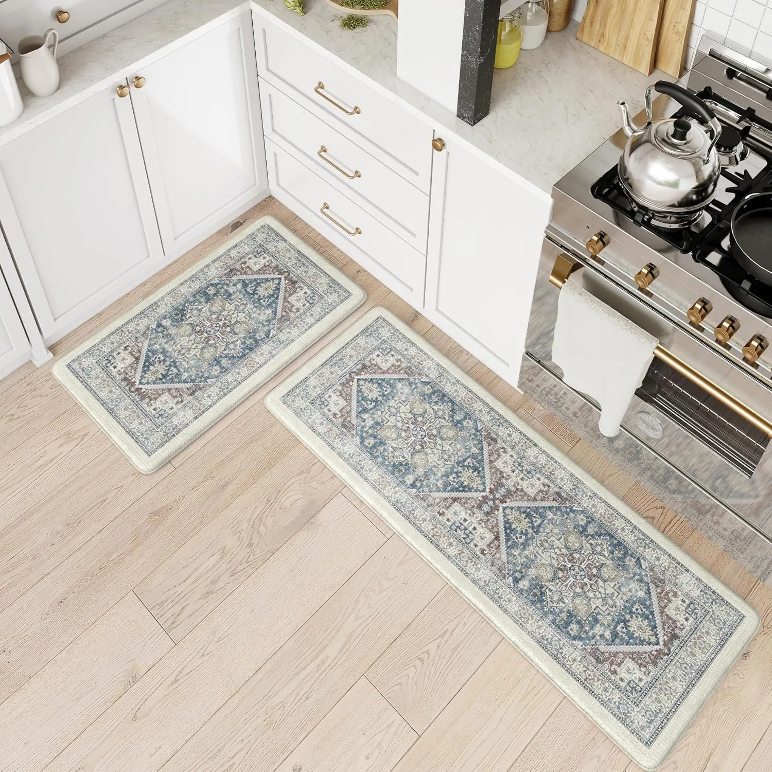 LEEVAN Kitchen Rugs Non Slip, Cushioned Kitchen Floor Mats Set of 2, Blue Anti-Fatigue Kitchen Mat Waterproof, Ergonomic Memory Foam Standing Mat for Bar,Office,Desk,Laundry