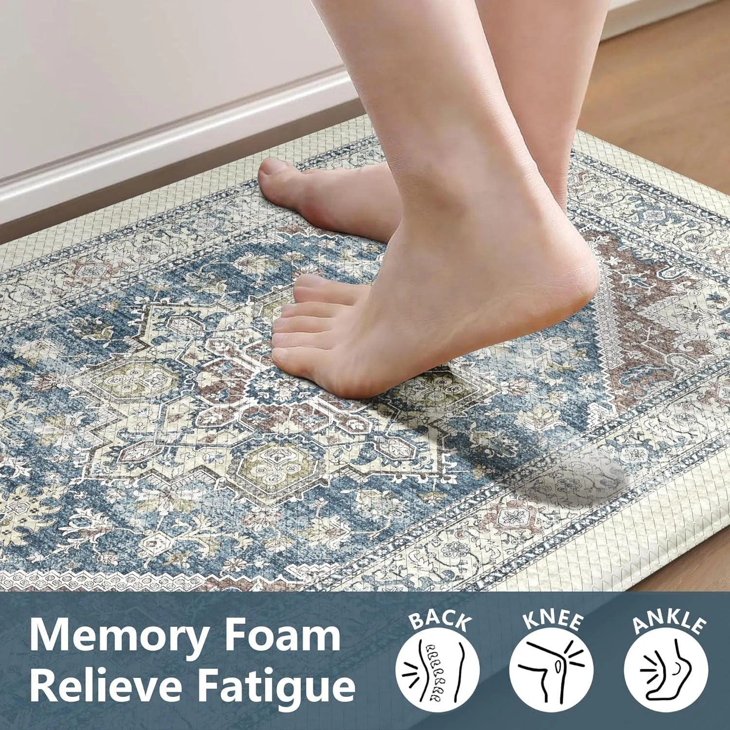 LEEVAN Kitchen Rugs Non Slip, Cushioned Kitchen Floor Mats Set of 2, Blue Anti-Fatigue Kitchen Mat Waterproof, Ergonomic Memory Foam Standing Mat for Bar,Office,Desk,Laundry