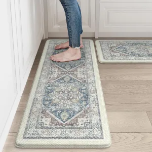 LEEVAN Kitchen Rugs Non Slip, Cushioned Kitchen Floor Mats Set of 2, Blue Anti-Fatigue Kitchen Mat Waterproof, Ergonomic Memory Foam Standing Mat for Bar,Office,Desk,Laundry