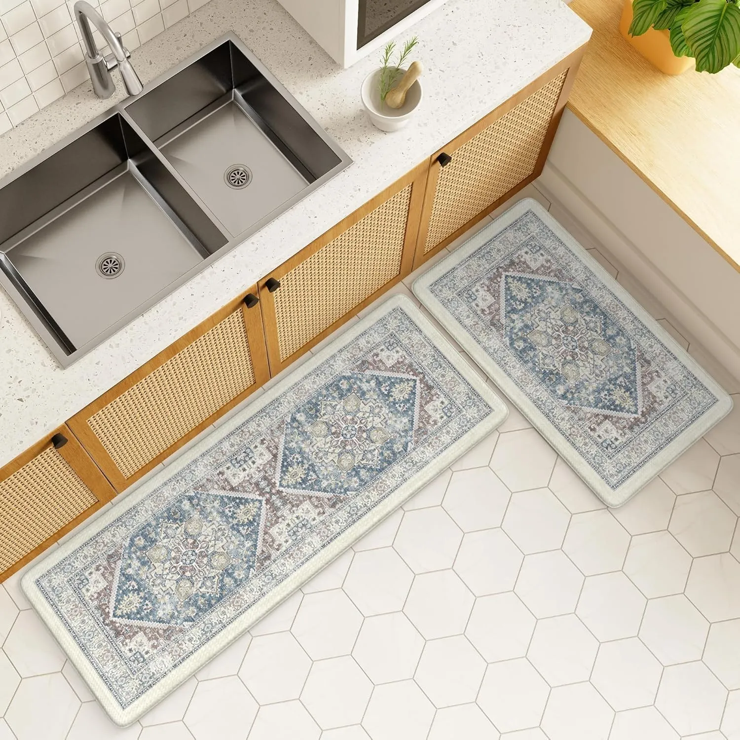 LEEVAN Kitchen Rugs Non Slip, Cushioned Kitchen Floor Mats Set of 2, Blue Anti-Fatigue Kitchen Mat Waterproof, Ergonomic Memory Foam Standing Mat for Bar,Office,Desk,Laundry