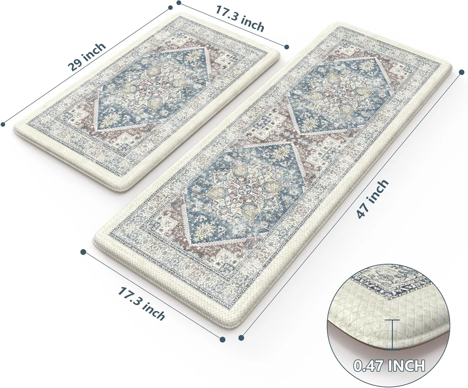 LEEVAN Kitchen Rugs Non Slip, Cushioned Kitchen Floor Mats Set of 2, Blue Anti-Fatigue Kitchen Mat Waterproof, Ergonomic Memory Foam Standing Mat for Bar,Office,Desk,Laundry