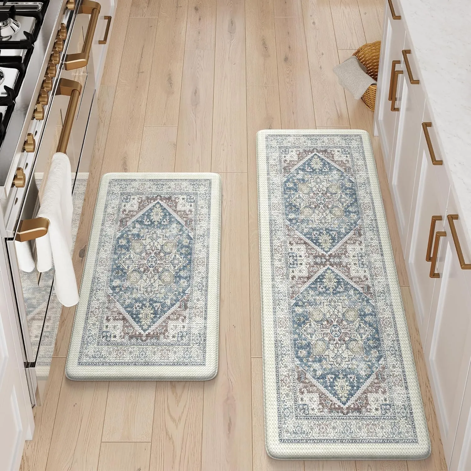 LEEVAN Kitchen Rugs Non Slip, Cushioned Kitchen Floor Mats Set of 2, Blue Anti-Fatigue Kitchen Mat Waterproof, Ergonomic Memory Foam Standing Mat for Bar,Office,Desk,Laundry