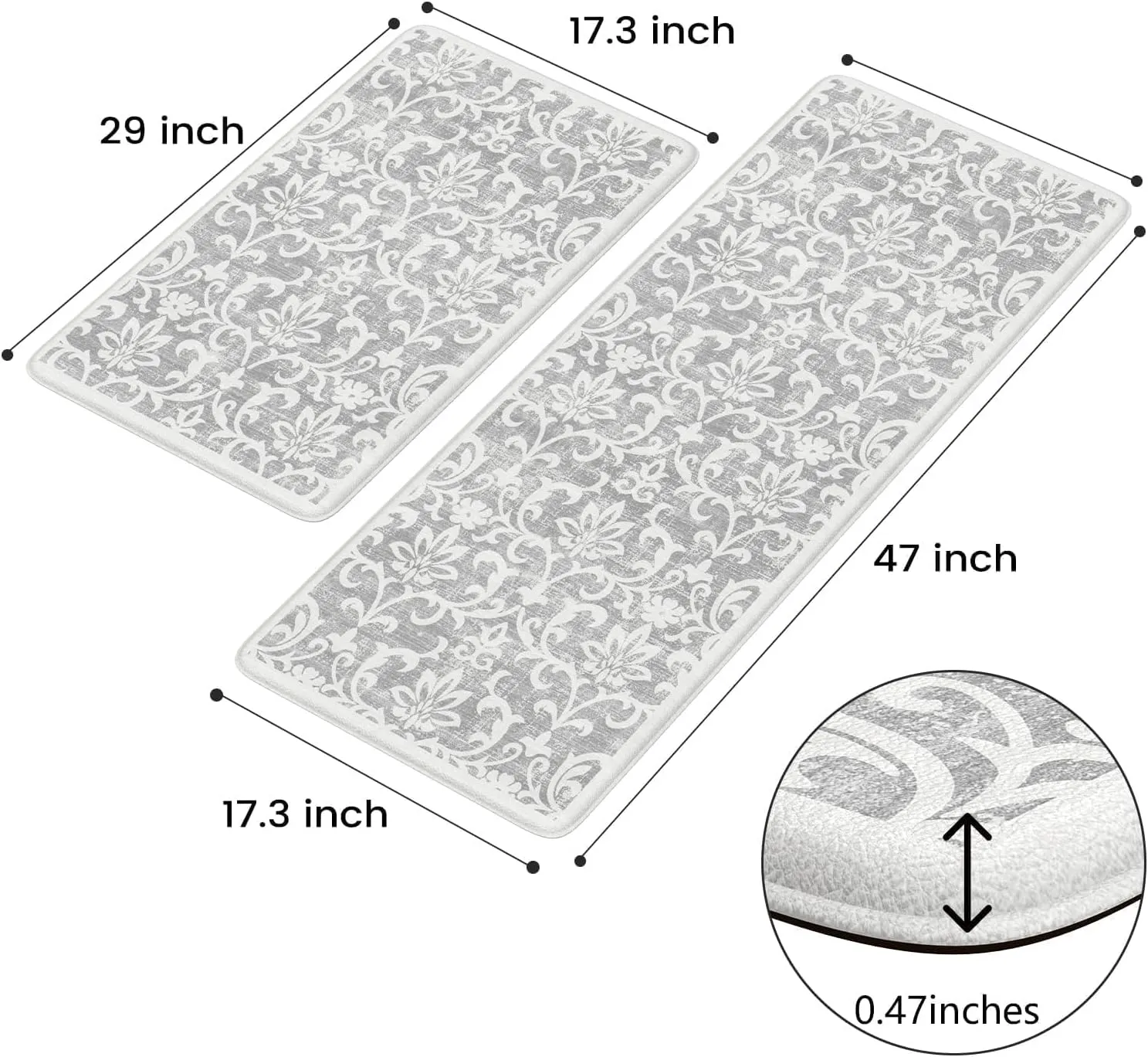 LEEVAN Kitchen Rugs Non Slip, Cushioned Kitchen Floor Mats Set of 2, Grey Anti-Fatigue Kitchen Mat Waterproof, Ergonomic Memory Foam Standing Mat for Bar, Office, Desk, Laundry