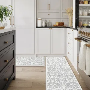 LEEVAN Kitchen Rugs Non Slip, Cushioned Kitchen Floor Mats Set of 2, Grey Anti-Fatigue Kitchen Mat Waterproof, Ergonomic Memory Foam Standing Mat for Bar, Office, Desk, Laundry