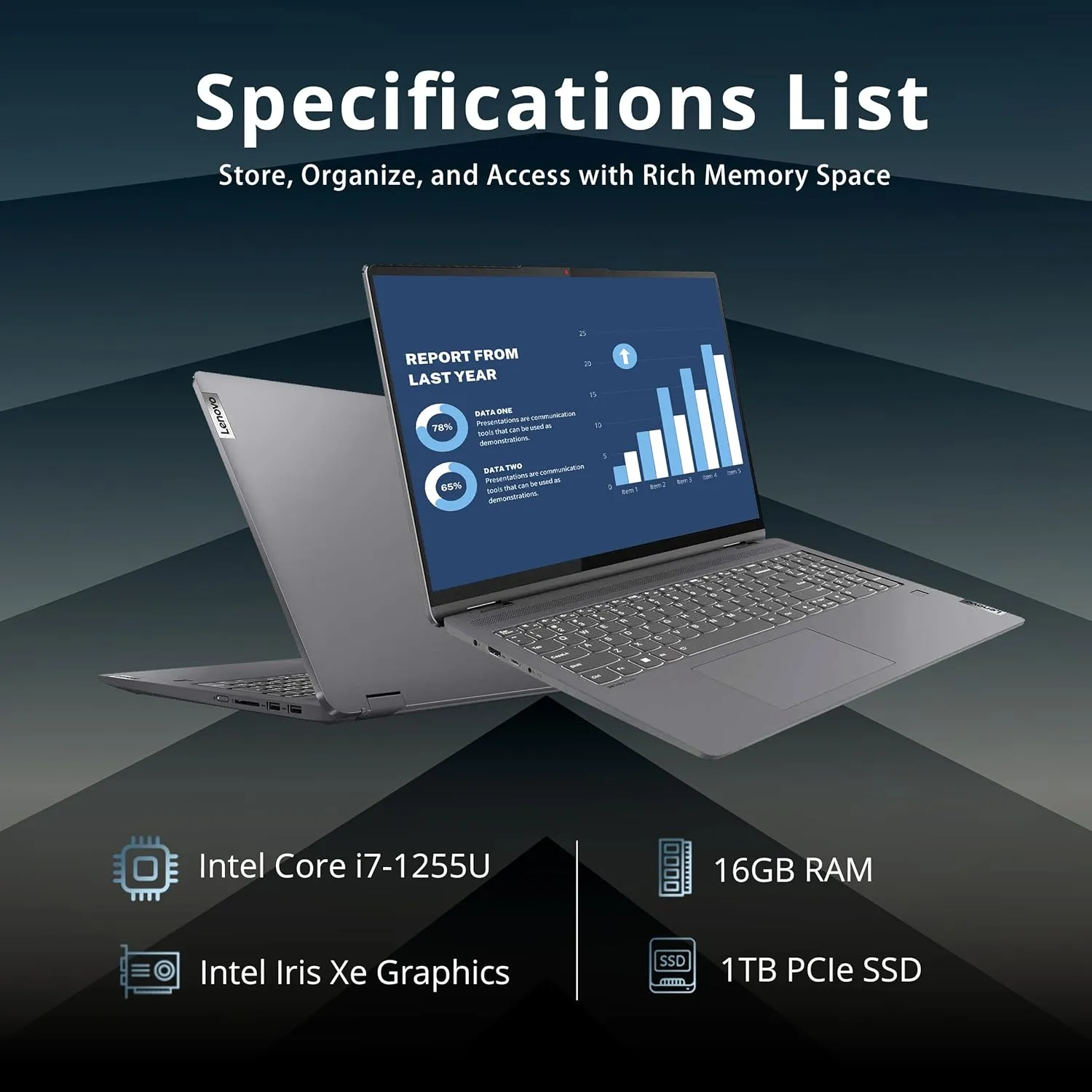 Lenovo IdeaPad Flex 5 16"" 2-in-1 2.5K IPS Touchscreen Laptop, Intel Core i7-1255U, 16GB RAM, 1TB SSD, Backlit Keyboard, Fingerprint Reader, Win 11 Pro, Storm Grey, 32GB Hotface USB Card, Gray