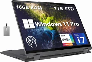 Lenovo IdeaPad Flex 5 16"" 2-in-1 2.5K IPS Touchscreen Laptop, Intel Core i7-1255U, 16GB RAM, 1TB SSD, Backlit Keyboard, Fingerprint Reader, Win 11 Pro, Storm Grey, 32GB Hotface USB Card, Gray
