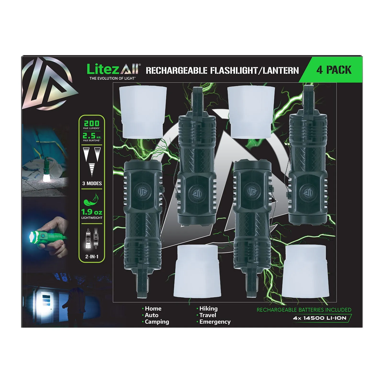 LitezAll 200LM Rechargeable Pocket Flashlight Lantern with Carabiner 4-Pack Gift Box