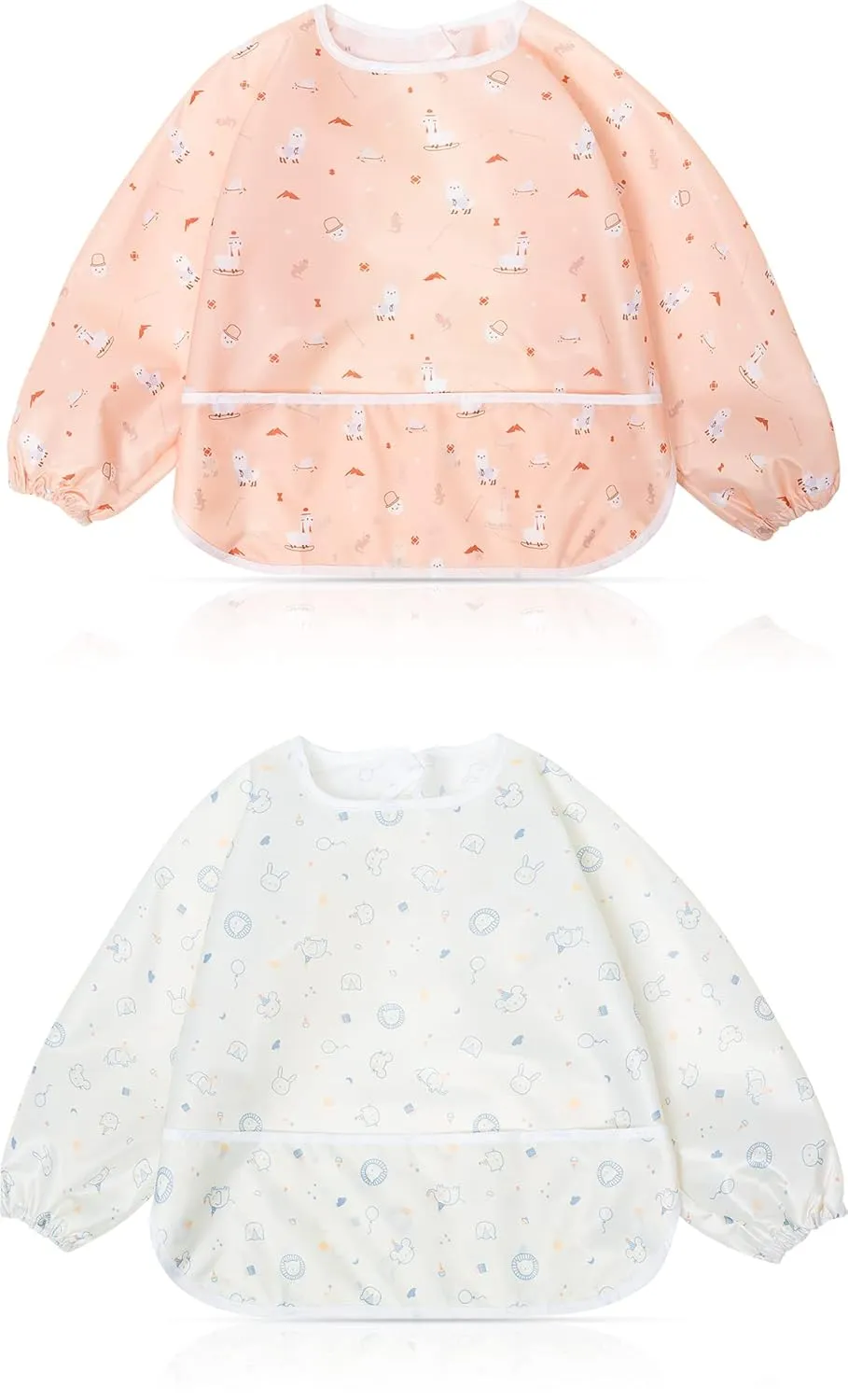 Little Dimsum Mess-Proof Baby Bibs|Infant Toddler Long Sleeve Waterproof Feeding Art Smock|Catching Food & Wipe Clean| Pack of 2 Colors(mouse&alpaca)