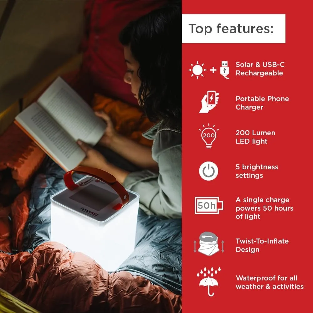 LuminAID Max Quick Inflate 2-in-1 Solar Camping Lantern and Phone Charger - Rechargeable LED Lamp for Camping, Hiking & Travel - Waterproof Emergency Light for Power Outages, Hurricane, Survival Kits