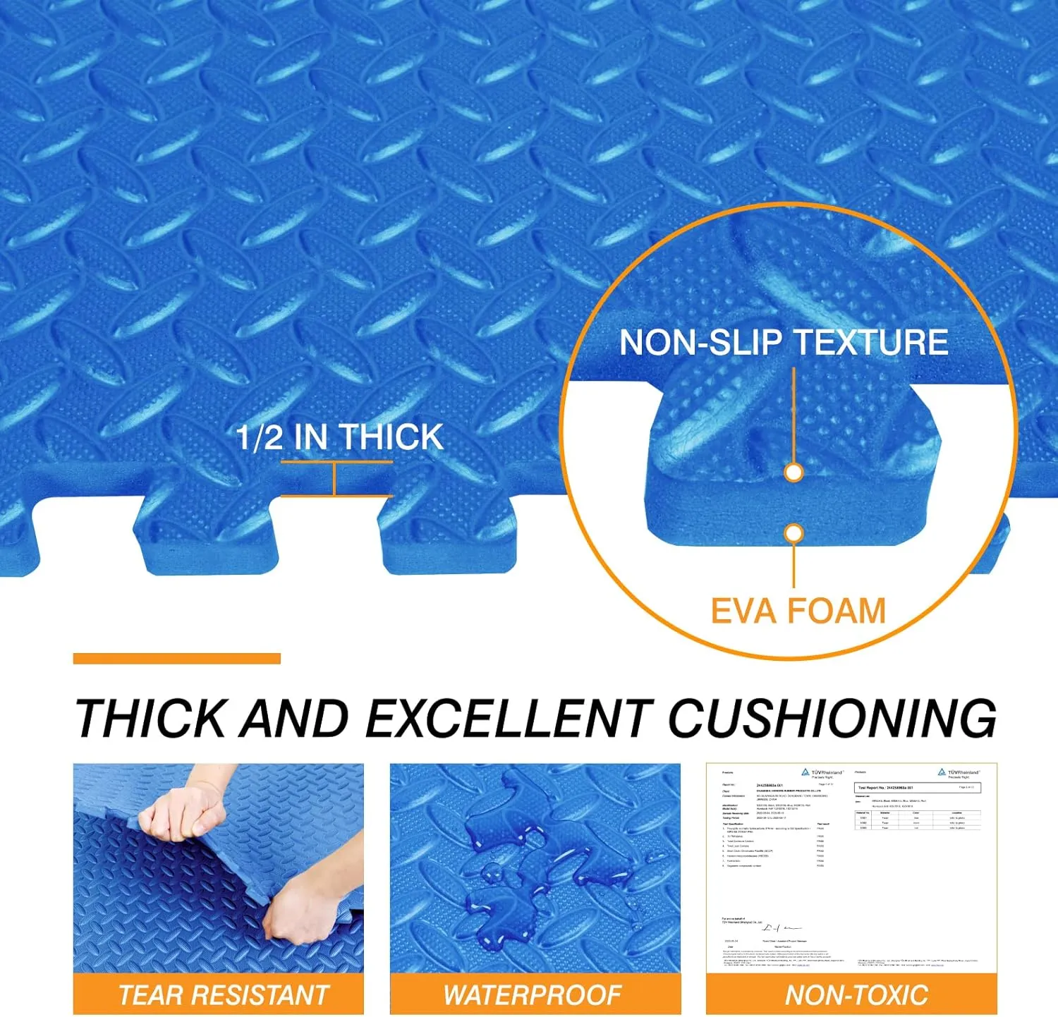 Mat Block Interlocking Foam Tiles Puzzle Mats for Floor 24 SQ FT, 1/2 inch, 6 Tiles, EVA Gym Mat Flooring Exercise Equipment Mat for Home Gym Equipment, Blue