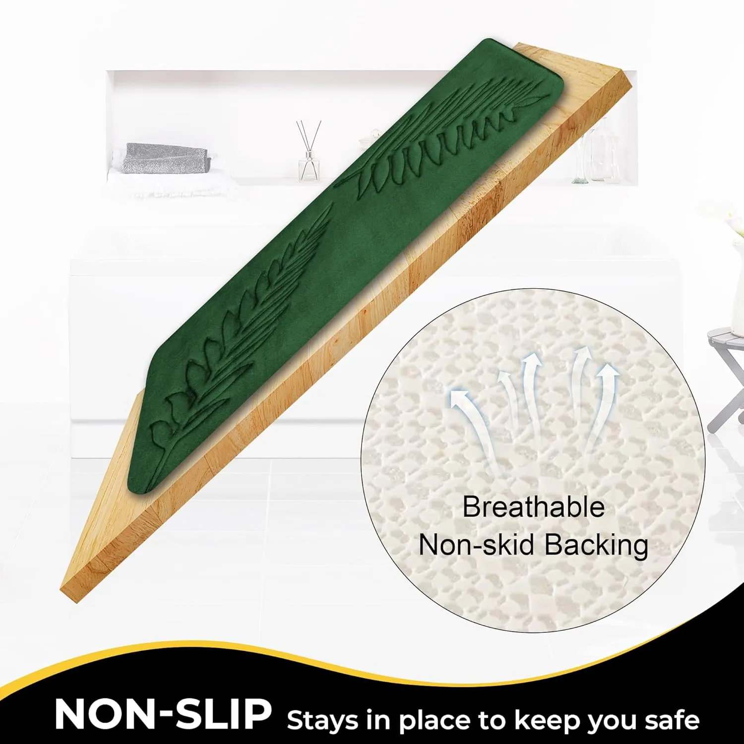 Memory Foam Bath Mat – Comfortable & Soft Thick Bathroom Rug with Green Leaf Pattern – Non-Slip & Absorbent Materials – Washable & Dryer Friendly Shower Carpet – 32”x20” Upgrade-Green