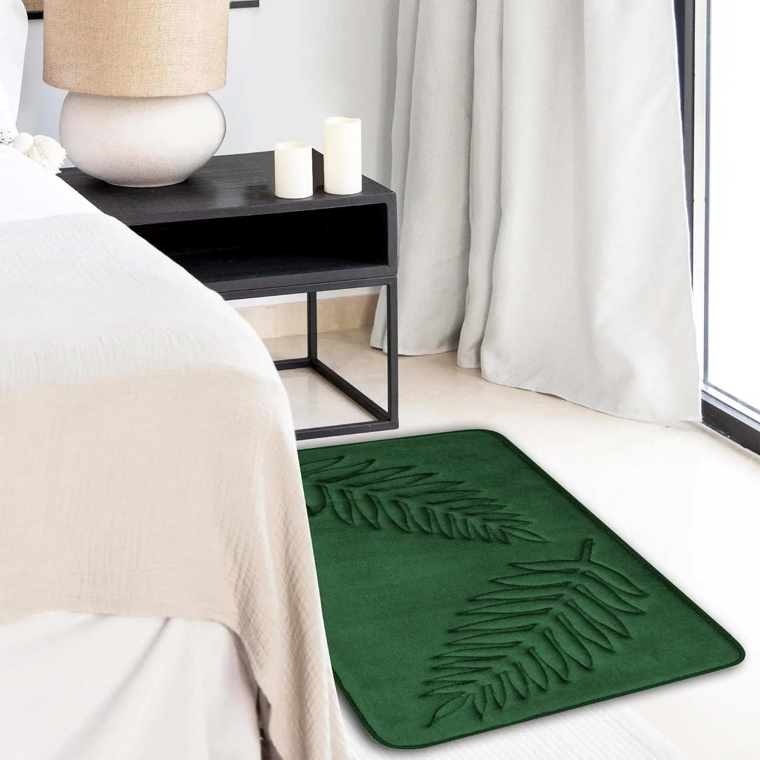 Memory Foam Bath Mat – Comfortable & Soft Thick Bathroom Rug with Green Leaf Pattern – Non-Slip & Absorbent Materials – Washable & Dryer Friendly Shower Carpet – 32”x20” Upgrade-Green
