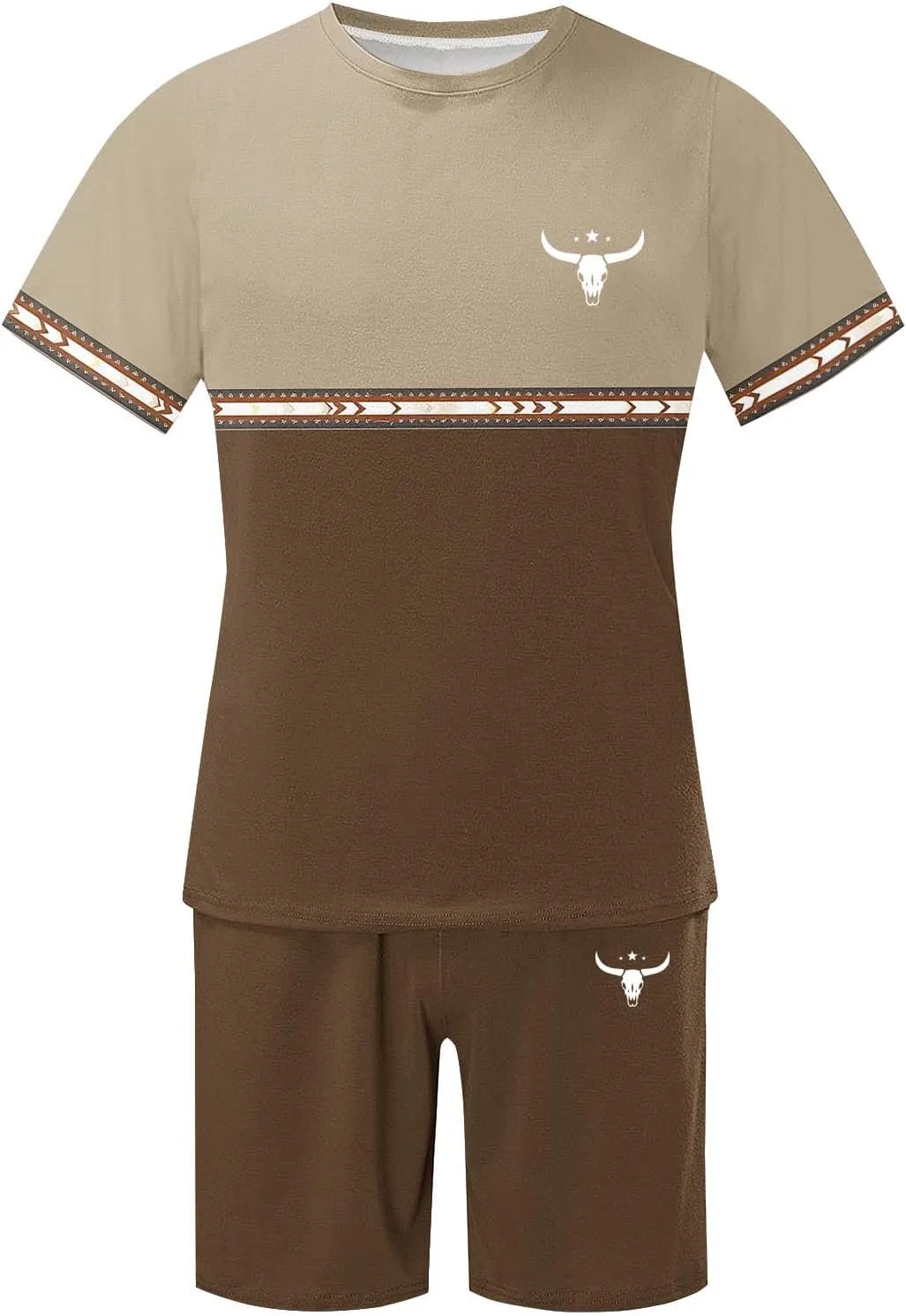 Mens 2 Piece Outfits Western Graphic Short Sleeve Colorblock T-Shirt Crewneck and Elastic Waist Shorts Set Classic 2025
