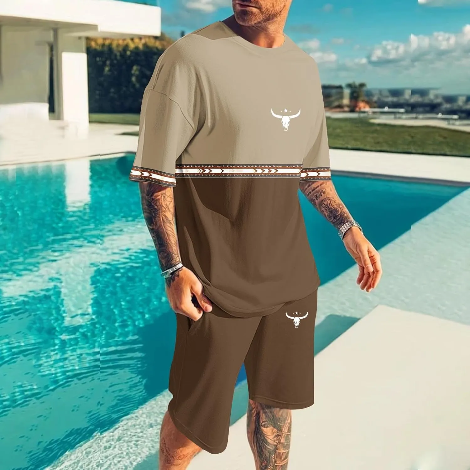 Mens 2 Piece Outfits Western Graphic Short Sleeve Colorblock T-Shirt Crewneck and Elastic Waist Shorts Set Classic 2025