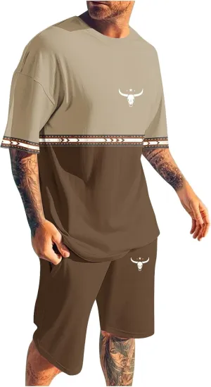 Mens 2 Piece Outfits Western Graphic Short Sleeve Colorblock T-Shirt Crewneck and Elastic Waist Shorts Set Classic 2025