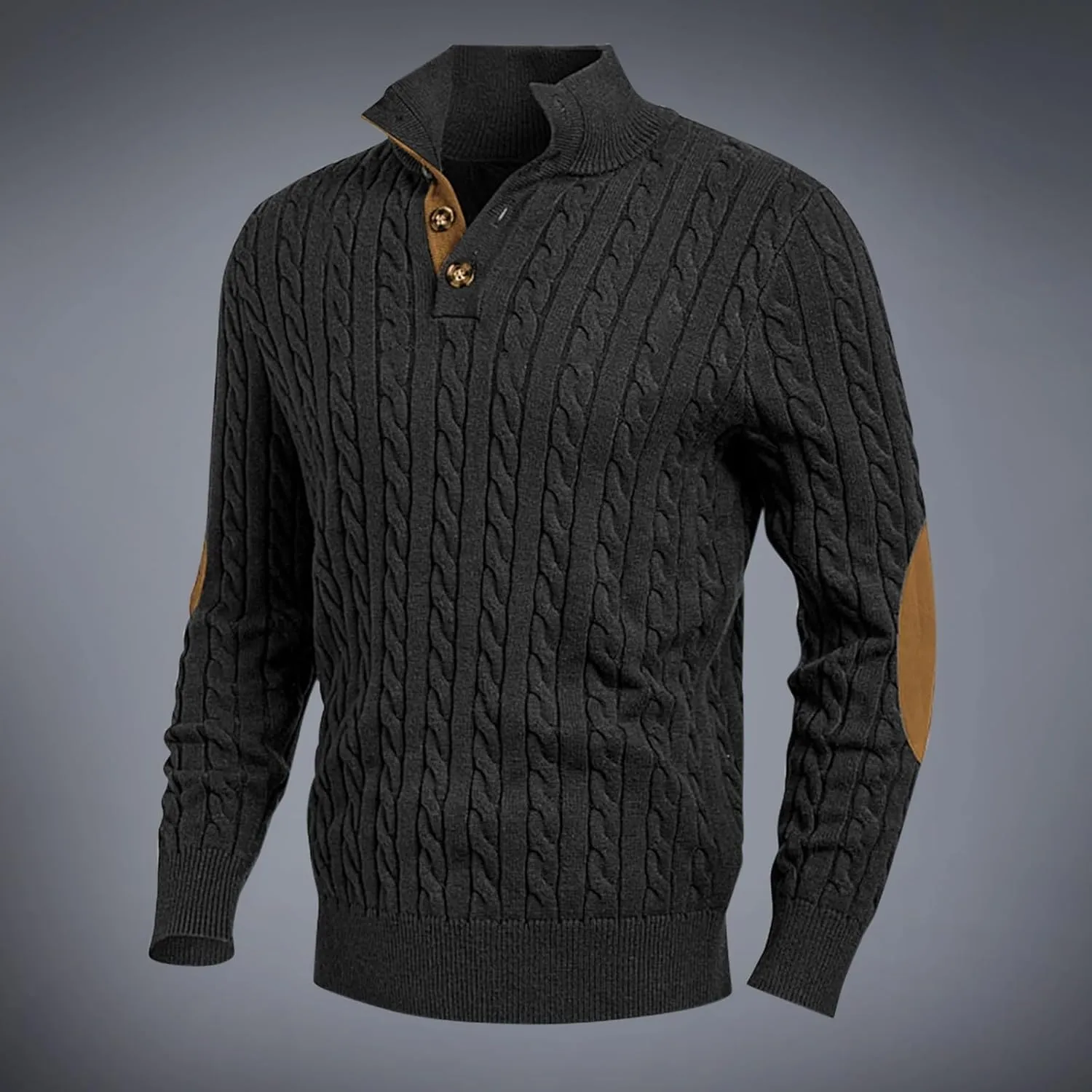 Mens Cable Knit Pullover Sweater Casual Stand Collar Button Long Sleeve Sweaters Twisted Crochet Warm Stitching Tops