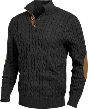 Mens Cable Knit Pullover Sweater Casual Stand Collar Button Long Sleeve Sweaters Twisted Crochet Warm Stitching Tops