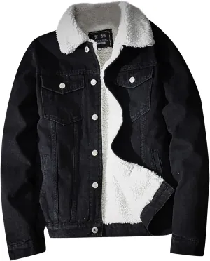 Men's Lapel Sherpa Fleece Lined Thicken Denim Jacket Casual Stylish Warm Button Up Trucker Jean Jackets Coats, L-6XL