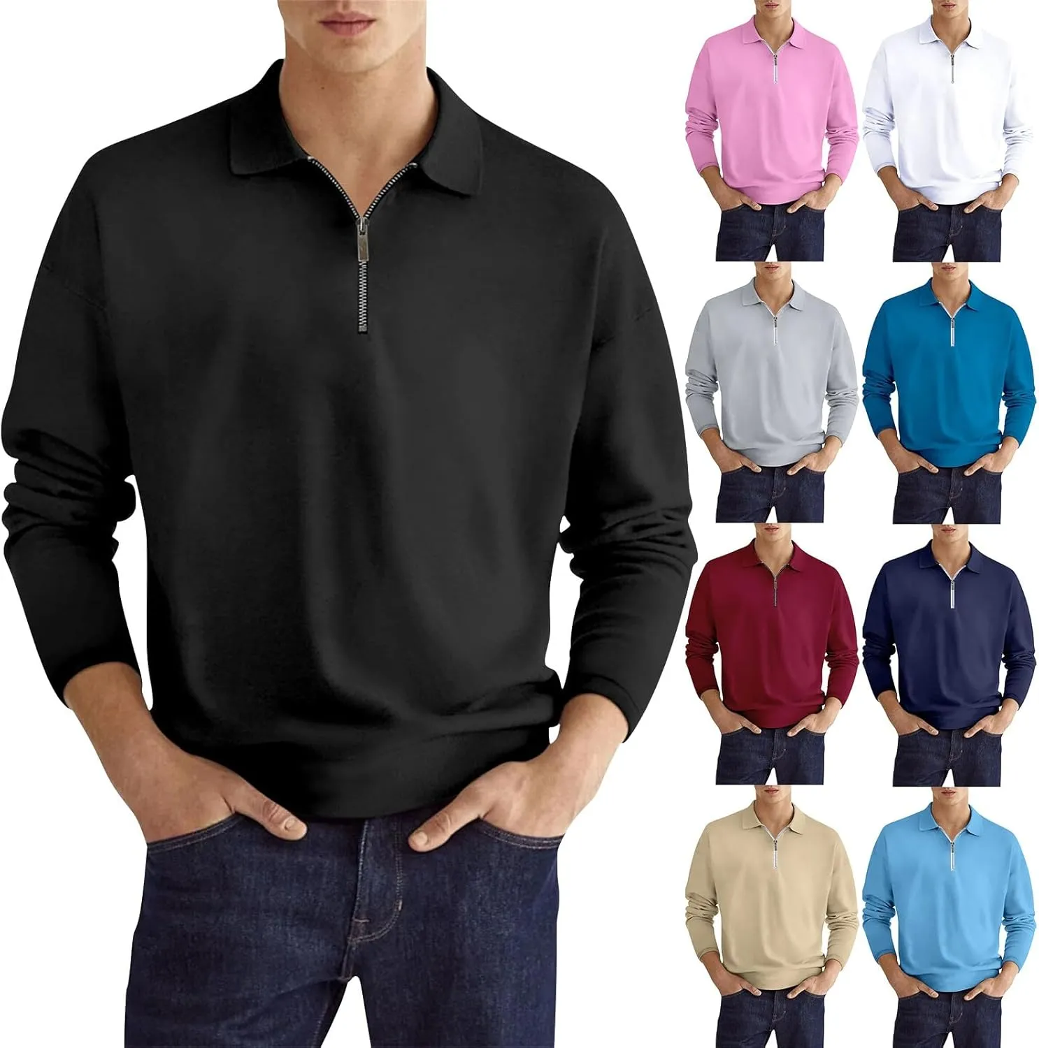 Mens Quarter Zip Sweatshirt Lightweight Long Sleeve Casual Loose Fit Pullover Hoodies Lapel Collar Tops with Pocket