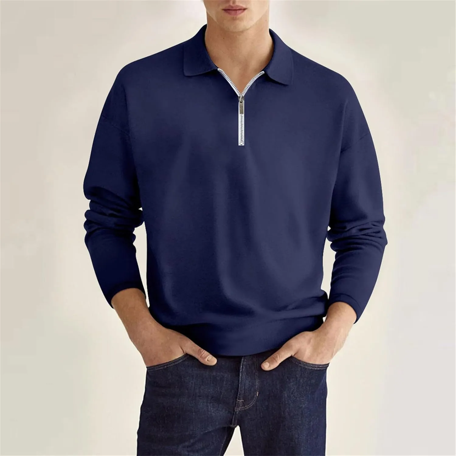 Mens Quarter Zip Sweatshirt Lightweight Long Sleeve Casual Loose Fit Pullover Hoodies Lapel Collar Tops with Pocket