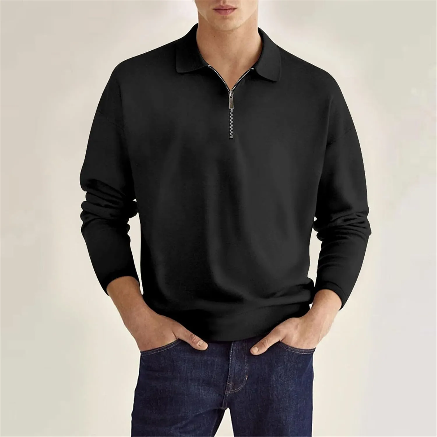Mens Quarter Zip Sweatshirt Lightweight Long Sleeve Casual Loose Fit Pullover Hoodies Lapel Collar Tops with Pocket