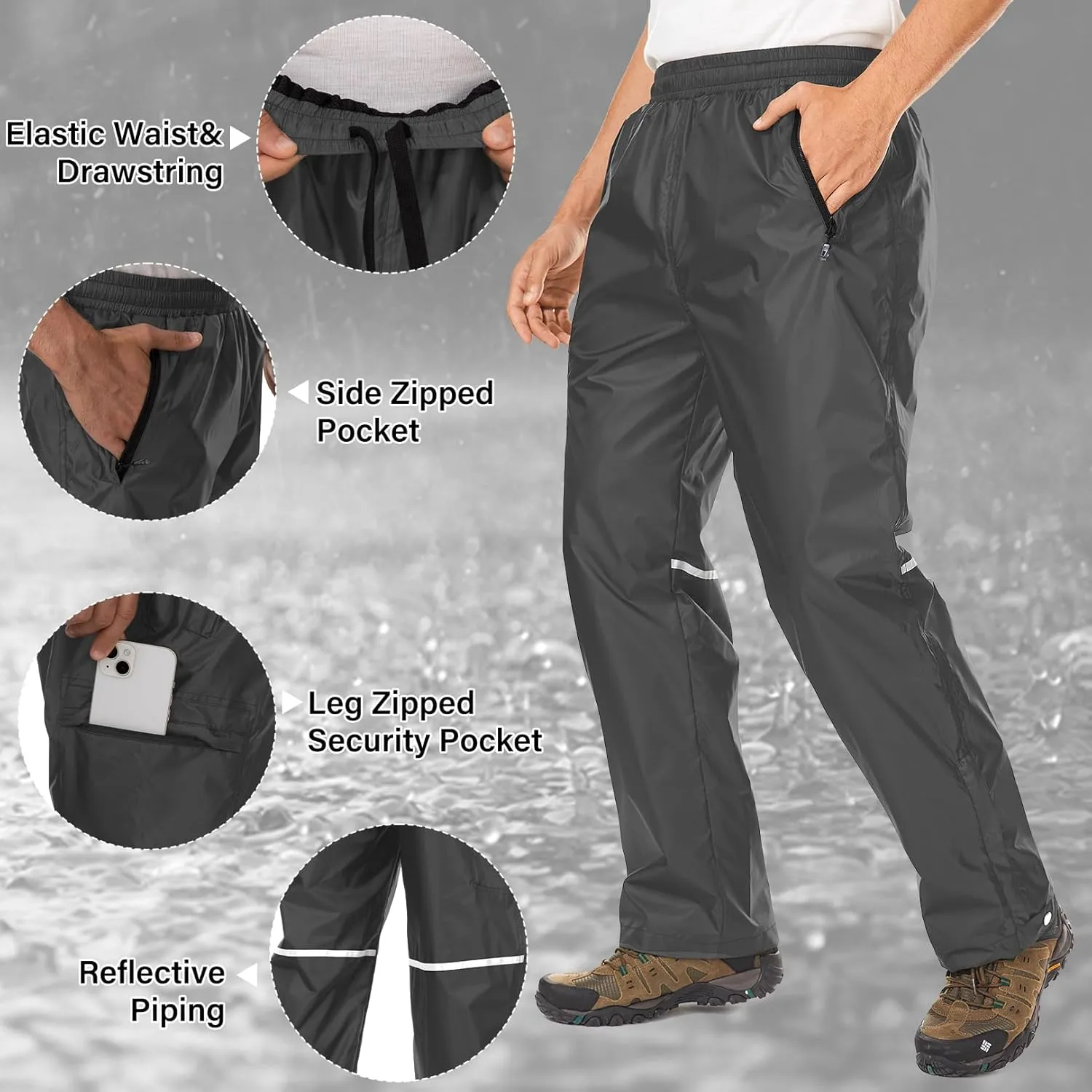 Men's Rain Pants Waterproof Over Pants with Zipper Pocket, Wind Proof Outdoor Cloth for Hiking, Fishing, Golf